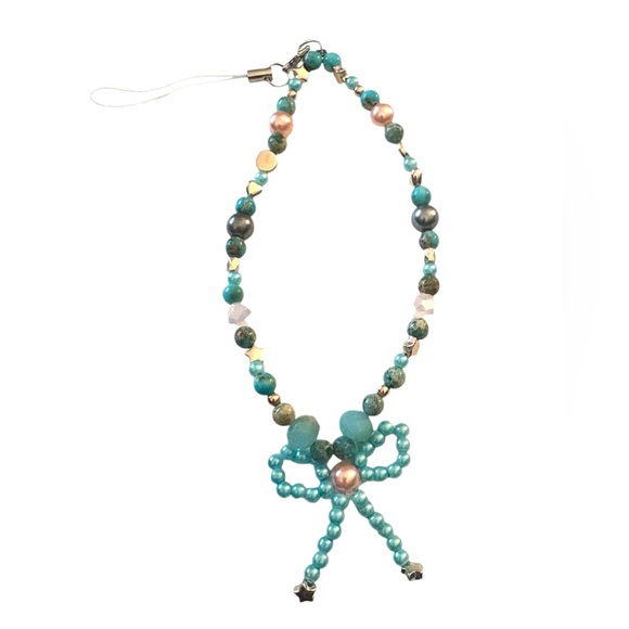 Sediment Jasper, Crystals and Glass Pearl Bow Phone Wrist Lanyard. - Picture 3 of 6